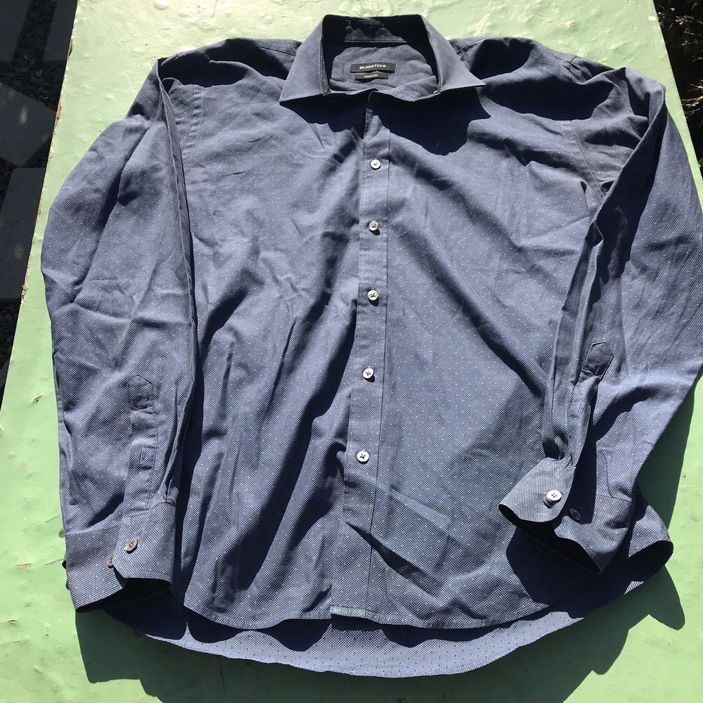 BUGATCHI Shaped Fit Long Sleeve Button Down Shirt Mens Blue Navy Cotton Business